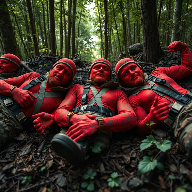 Three hyper-realistic hunters lying on the ground in a dense forest, each covered in vibrant red paint, giving them an artistic and striking appearance