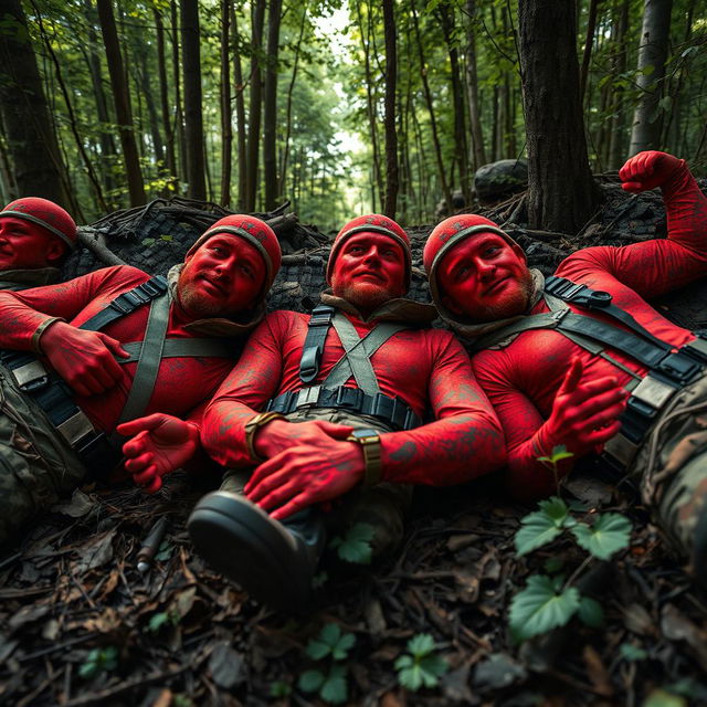 Three hyper-realistic hunters lying on the ground in a dense forest, each covered in vibrant red paint, giving them an artistic and striking appearance