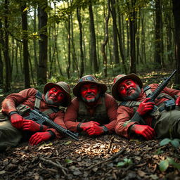 Three hyper-realistic hunters lying on the ground in a dense forest, each covered in vibrant red paint, giving them an artistic and striking appearance