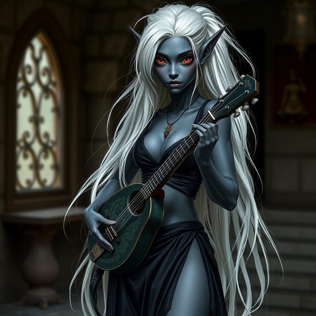 A dark bluish-gray skinned drow elf with long white hair and striking red eyes, holding a small mandolin