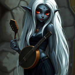 A dark bluish-gray skinned drow elf with long white hair and striking red eyes, holding a small mandolin