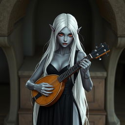 A dark bluish-gray skinned drow elf with long white hair and striking red eyes, holding a small mandolin