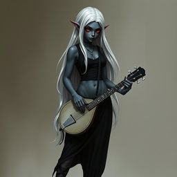 A dark bluish-gray skinned drow elf with long white hair and striking red eyes, holding a small mandolin