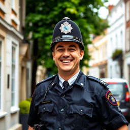 A very joyful policeman in the UK, standing in a cheerful pose while smiling widely