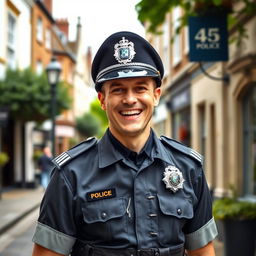 A very joyful policeman in the UK, standing in a cheerful pose while smiling widely