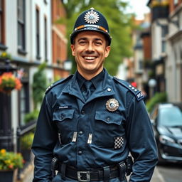 A very joyful policeman in the UK, standing in a cheerful pose while smiling widely