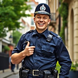 A very joyful policeman in the UK, standing in a cheerful pose while smiling widely