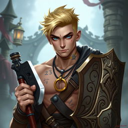 A Dungeons & Dragons character design featuring a 23-year-old man with a short, stylish blond hairstyle