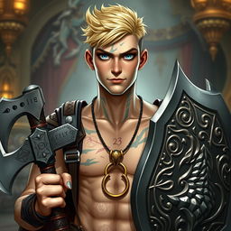 A Dungeons & Dragons character design featuring a 23-year-old man with a short, stylish blond hairstyle