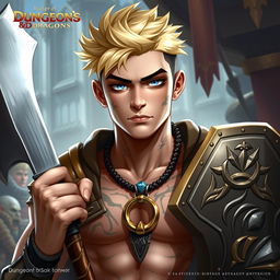 A Dungeons & Dragons character design featuring a 23-year-old man with a short, stylish blond hairstyle