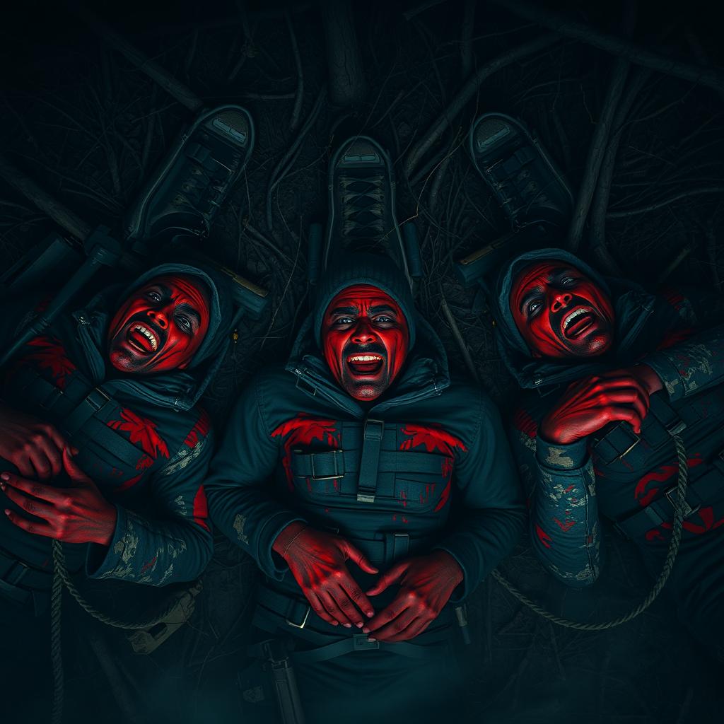 Three hyper-realistic hunters lying on the ground in a dark, eerie forest, each covered in vivid red paint that symbolizes their terror