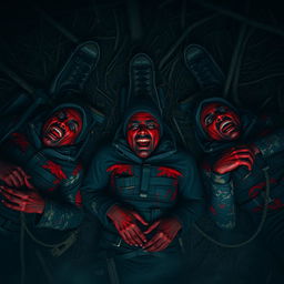 Three hyper-realistic hunters lying on the ground in a dark, eerie forest, each covered in vivid red paint that symbolizes their terror