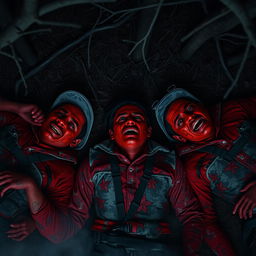 Three hyper-realistic hunters lying on the ground in a dark, eerie forest, each covered in vivid red paint that symbolizes their terror