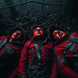 Three hyper-realistic hunters lying on the ground in a dark, eerie forest, each covered in vivid red paint that symbolizes their terror