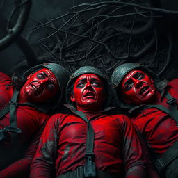 Three hyper-realistic hunters lying on the ground in a dark, eerie forest, each covered in vivid red paint that symbolizes their terror