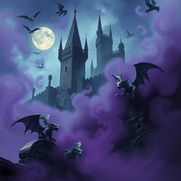 A captivating nighttime scene featuring small impish stone gargoyles soaring near a towering, ancient stone wall