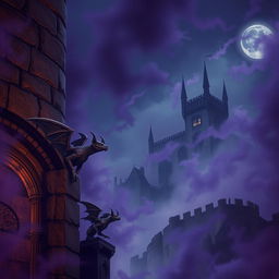 A captivating nighttime scene featuring small impish stone gargoyles soaring near a towering, ancient stone wall