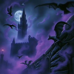 A captivating nighttime scene featuring small impish stone gargoyles soaring near a towering, ancient stone wall