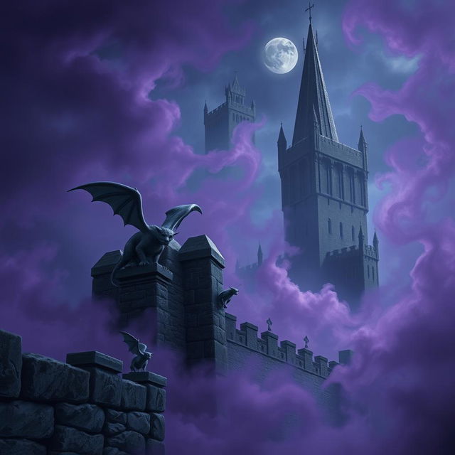 A captivating nighttime scene featuring small impish stone gargoyles soaring near a towering, ancient stone wall