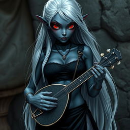 A dark bluish-gray skinned drow elf with long white hair and vibrant red eyes, holding a small mandolin