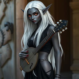 A dark bluish-gray skinned drow elf with long white hair and vibrant red eyes, holding a small mandolin