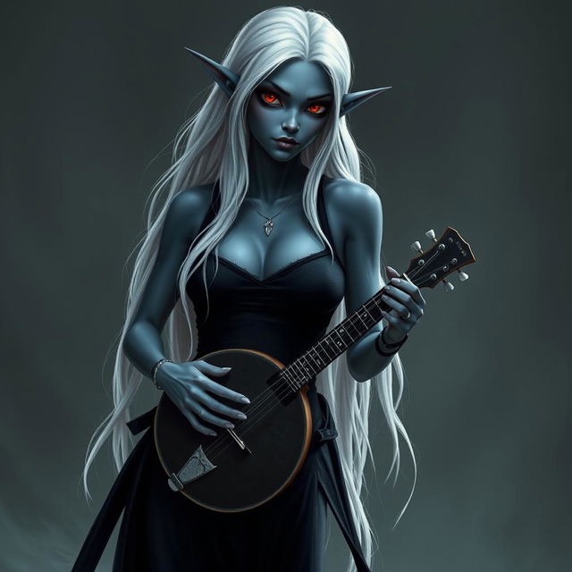 A dark bluish-gray skinned drow elf with long white hair and vibrant red eyes, holding a small mandolin