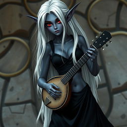 A dark bluish-gray skinned drow elf with long white hair and vibrant red eyes, holding a small mandolin