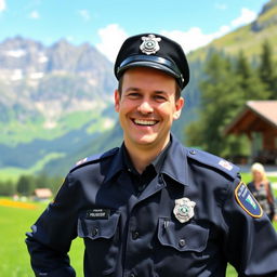 A very joyful policeman in Switzerland, standing in a proud pose with a big smile