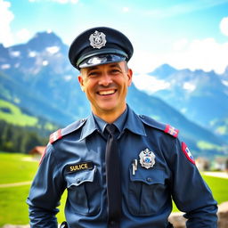 A very joyful policeman in Switzerland, standing in a proud pose with a big smile