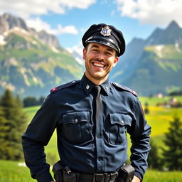 A very joyful policeman in Switzerland, standing in a proud pose with a big smile