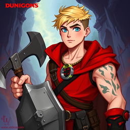 A Dungeons & Dragons character design featuring a 23-year-old man with a short blond hairstyle