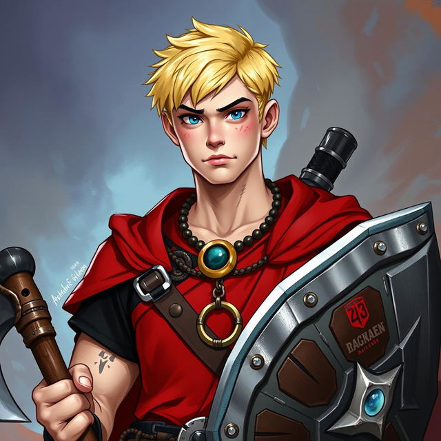 A Dungeons & Dragons character design featuring a 23-year-old man with a short blond hairstyle