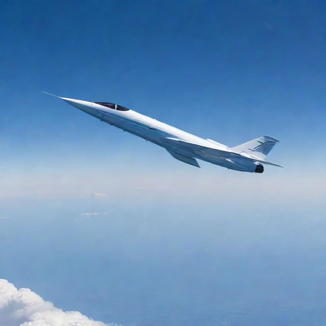 A sleek, futuristic jet flying at a high altitude, leaving a trail of vapor in the clear blue sky.