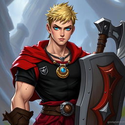 A Dungeons & Dragons character design featuring a 23-year-old man with a short blond hairstyle