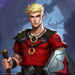 A Dungeons & Dragons character design featuring a 23-year-old man with a short blond hairstyle