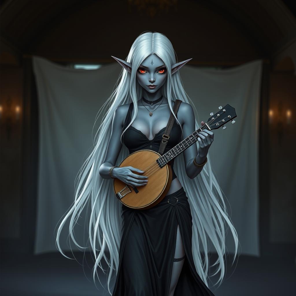 A dark bluish-gray skinned drow elf with long white hair and striking red eyes, holding a small mandolin