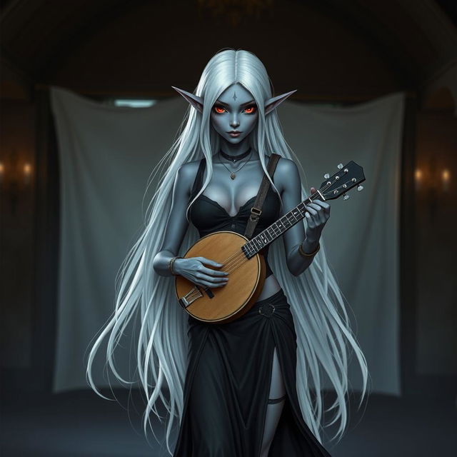 A dark bluish-gray skinned drow elf with long white hair and striking red eyes, holding a small mandolin