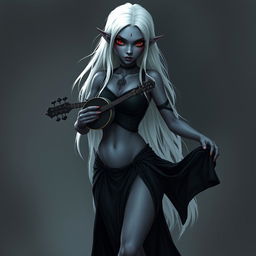 A dark bluish-gray skinned drow elf with long white hair and striking red eyes, holding a small mandolin