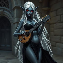 A dark bluish-gray skinned drow elf with long white hair and striking red eyes, holding a small mandolin