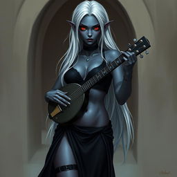 A dark bluish-gray skinned drow elf with long white hair and striking red eyes, holding a small mandolin