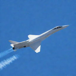 A sleek, futuristic jet flying at a high altitude, leaving a trail of vapor in the clear blue sky.