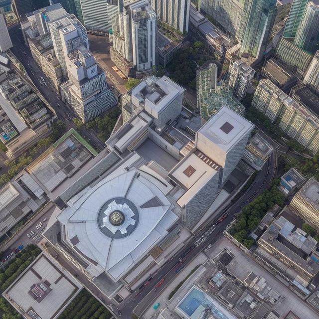 A daytime aerial view of the impressive Police Headquarters located in the heart of a bustling central business district, set amidst a landscape of towering skyscrapers and busied streets.