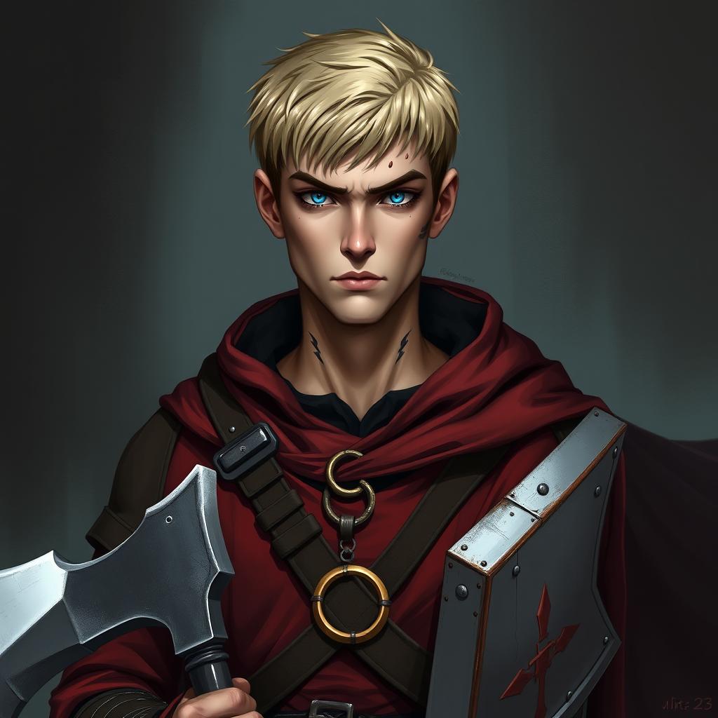 A serious Dungeons & Dragons character design of a 23-year-old man with a short, neatly styled blond hairstyle