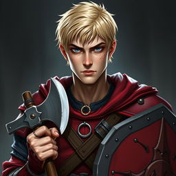 A serious Dungeons & Dragons character design of a 23-year-old man with a short, neatly styled blond hairstyle