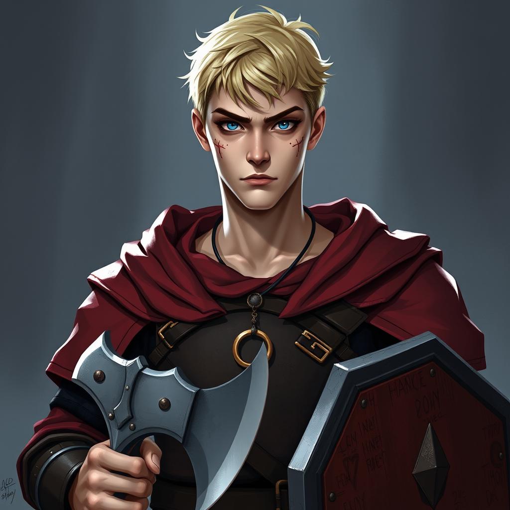 A serious Dungeons & Dragons character design of a 23-year-old man with a short, neatly styled blond hairstyle