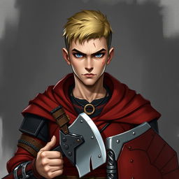 A serious Dungeons & Dragons character design of a 23-year-old man with a short, neatly styled blond hairstyle