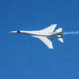 A sleek, futuristic jet flying at a high altitude, leaving a trail of vapor in the clear blue sky.