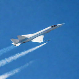 A sleek, futuristic jet flying at a high altitude, leaving a trail of vapor in the clear blue sky.