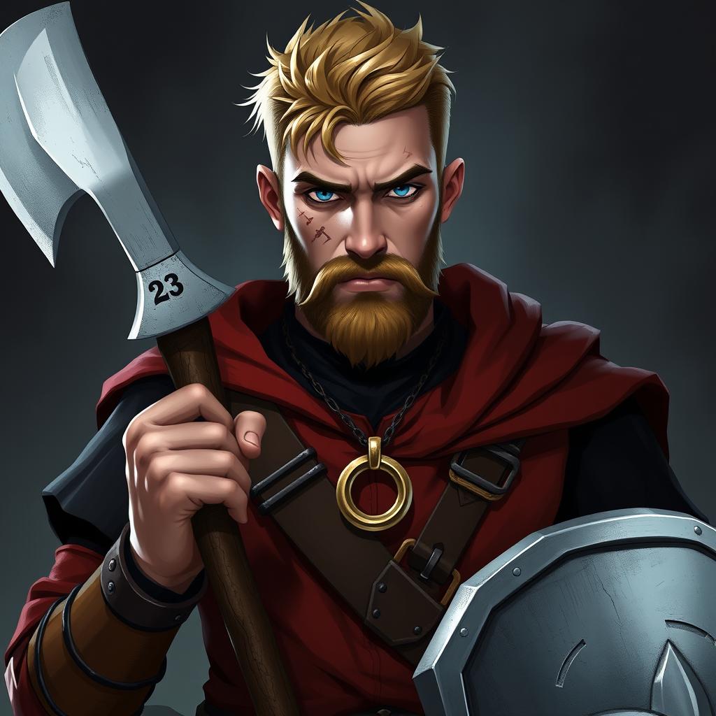 A serious Dungeons & Dragons character design featuring a 23-year-old man with a short blond hairstyle and a well-groomed beard that adds to his rugged appearance