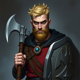 A serious Dungeons & Dragons character design featuring a 23-year-old man with a short blond hairstyle and a well-groomed beard that adds to his rugged appearance